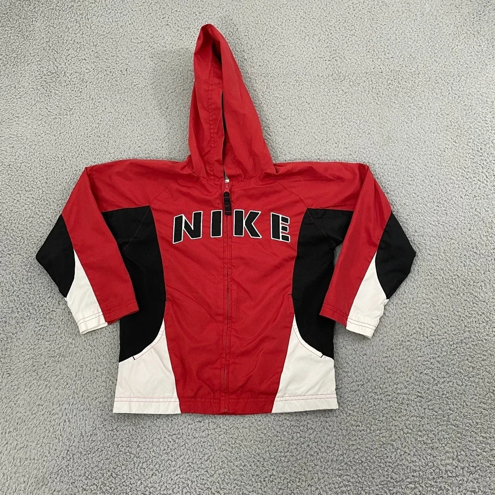 Vintage Nike Windbreaker Jacket Kids 7 Red Y2K Hooded Full Zip Windbreaker